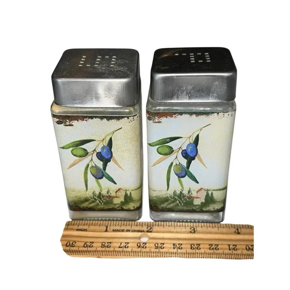 Tuscan Olive Oil Glass Salt Pepper Shakers Set‎ Square Metal Lids Kitchen Decor